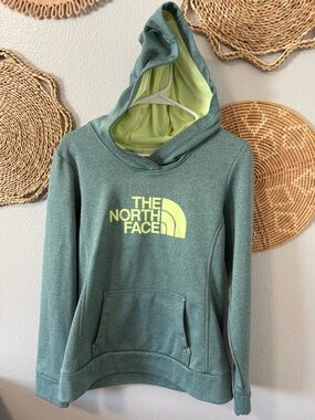 The North Face Sage Green Pullover Hoodie with Neon Yellow Logo